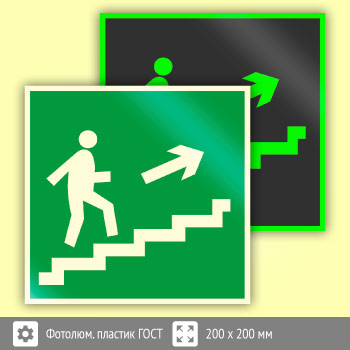 Знак E15 «Направление к эвакуационному выходу по лестнице вверх (правосторонний)» (фотолюминесцентный пластик ГОСТ 34428-2018, 200х200 мм)